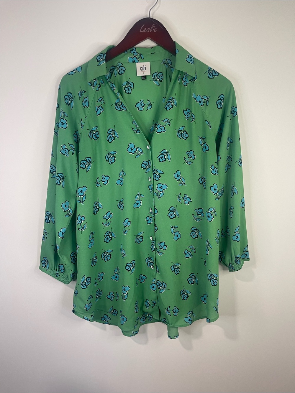 CAbi Green Button-Down Blouse with Blue Floral Print - Picture 6 of 11